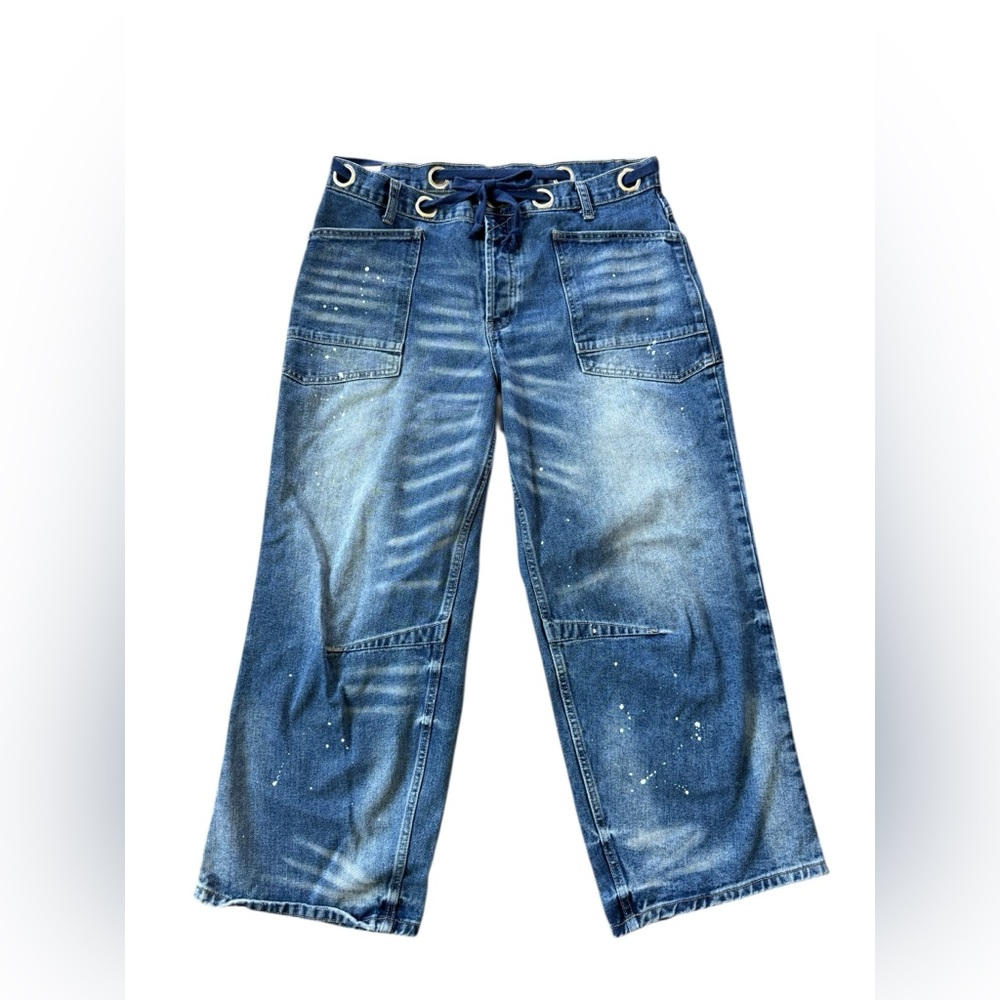 Wide Leg Paint-Splatter Denim Jeans - Blue size is 2X(14/16)
